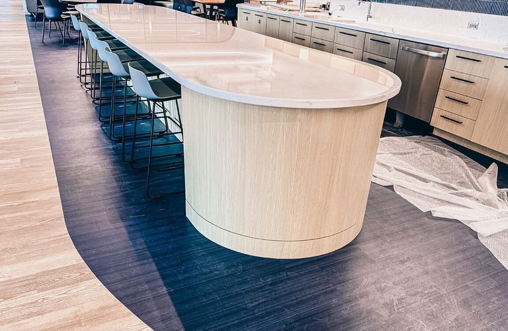 Curved quartz kitchen island countertop
